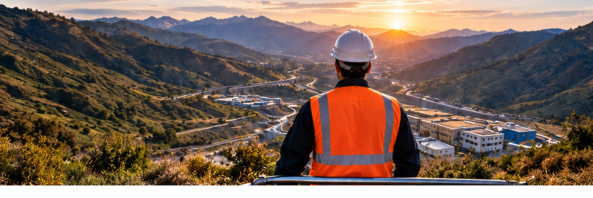 Trabajador observando un gran proyecto al atardecer